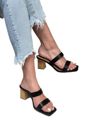 Black Double Strap Slide Wood Heel Sandals