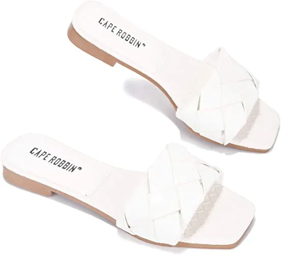 Cape Robbin Deja Woven Mules Slip On Flat Slides Sandals WHITE (11, WHITE)