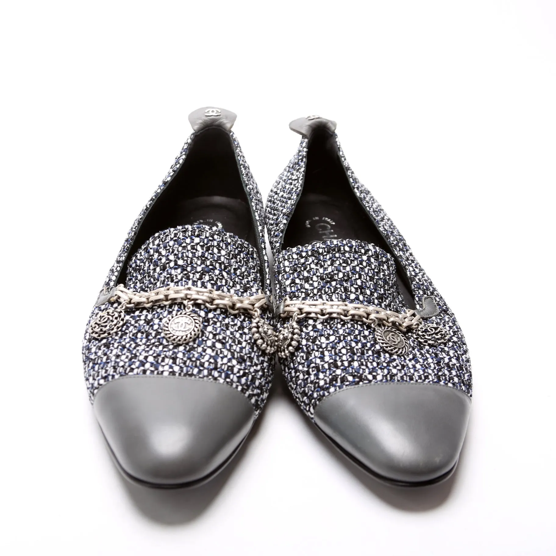 CC Medallion Cap Toe Tweed Loafers Size 41 Grey
