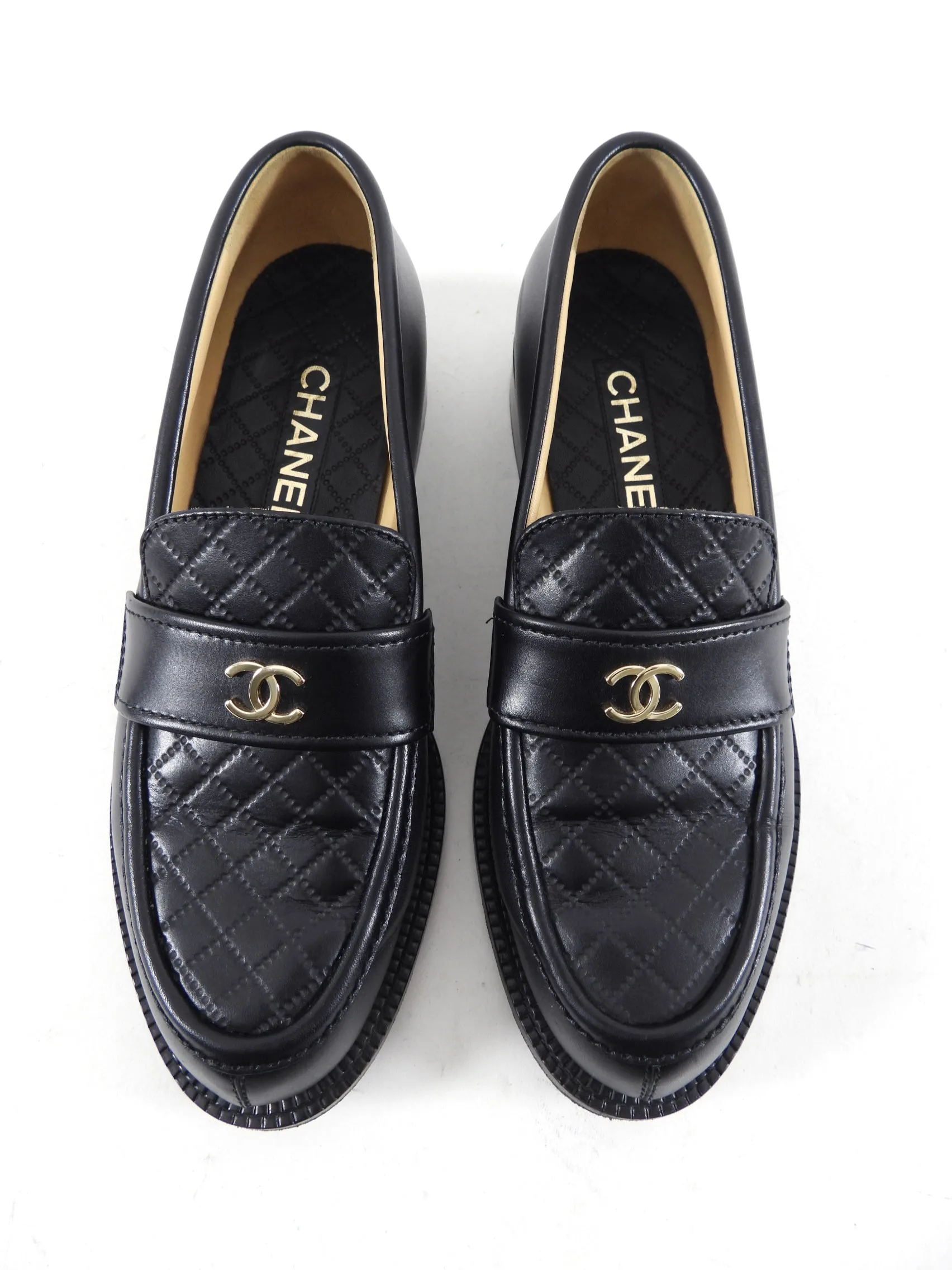 Chanel Black Leather Quilted CC Loafers - 40