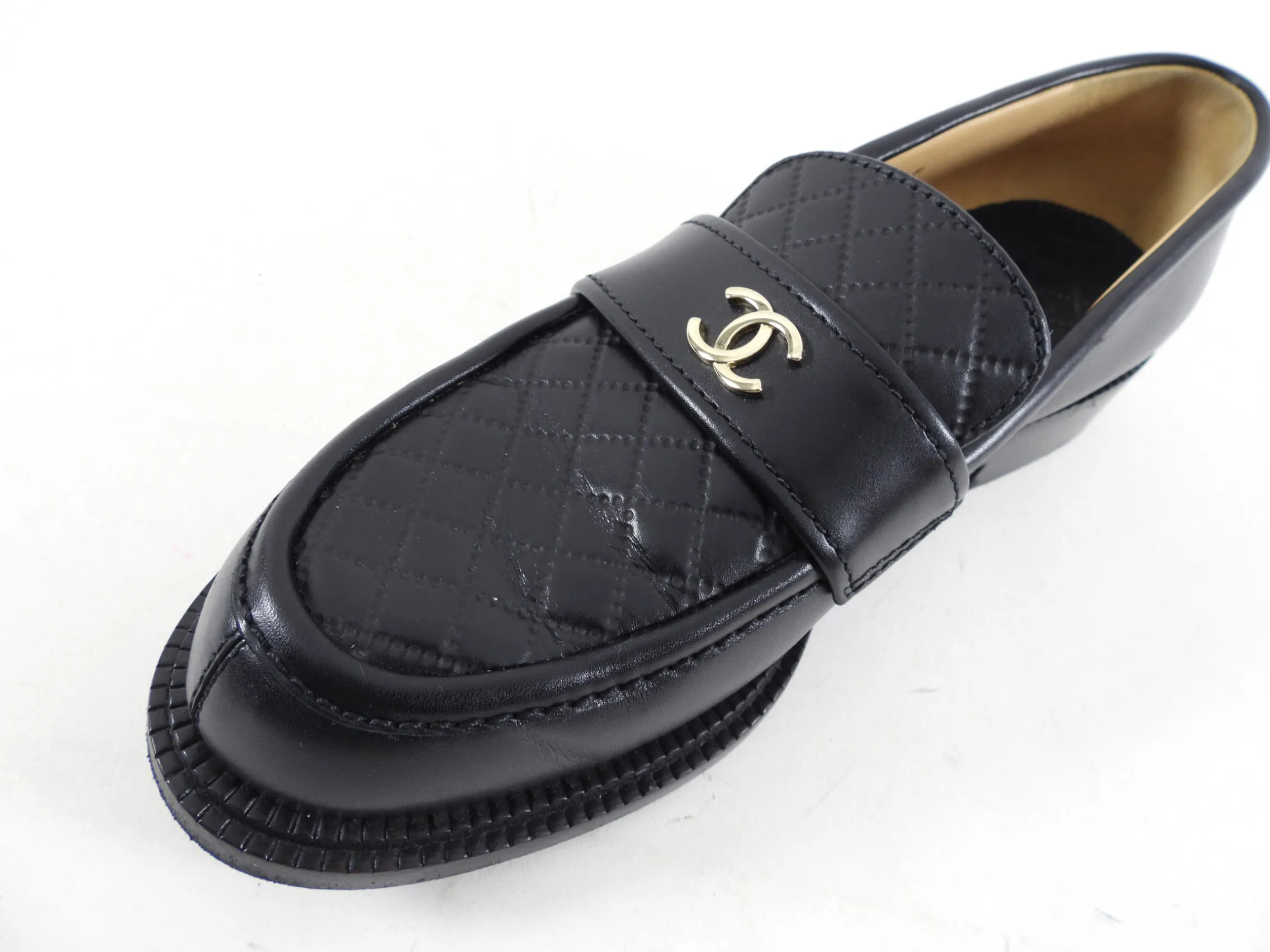 Chanel Black Leather Quilted CC Loafers - 40