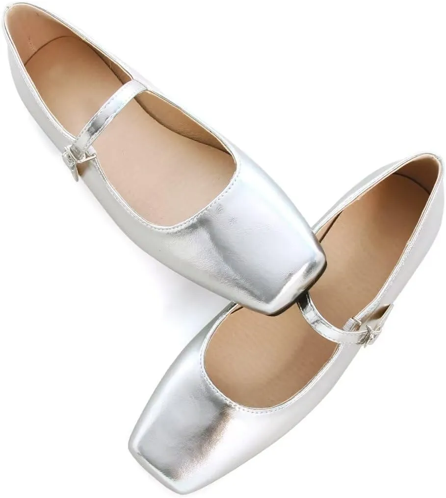 INEELUYI Women's Mary Jane Flats Retro Square Toe Soft Ballet Flats Comfort One Line Strap Dress Flats