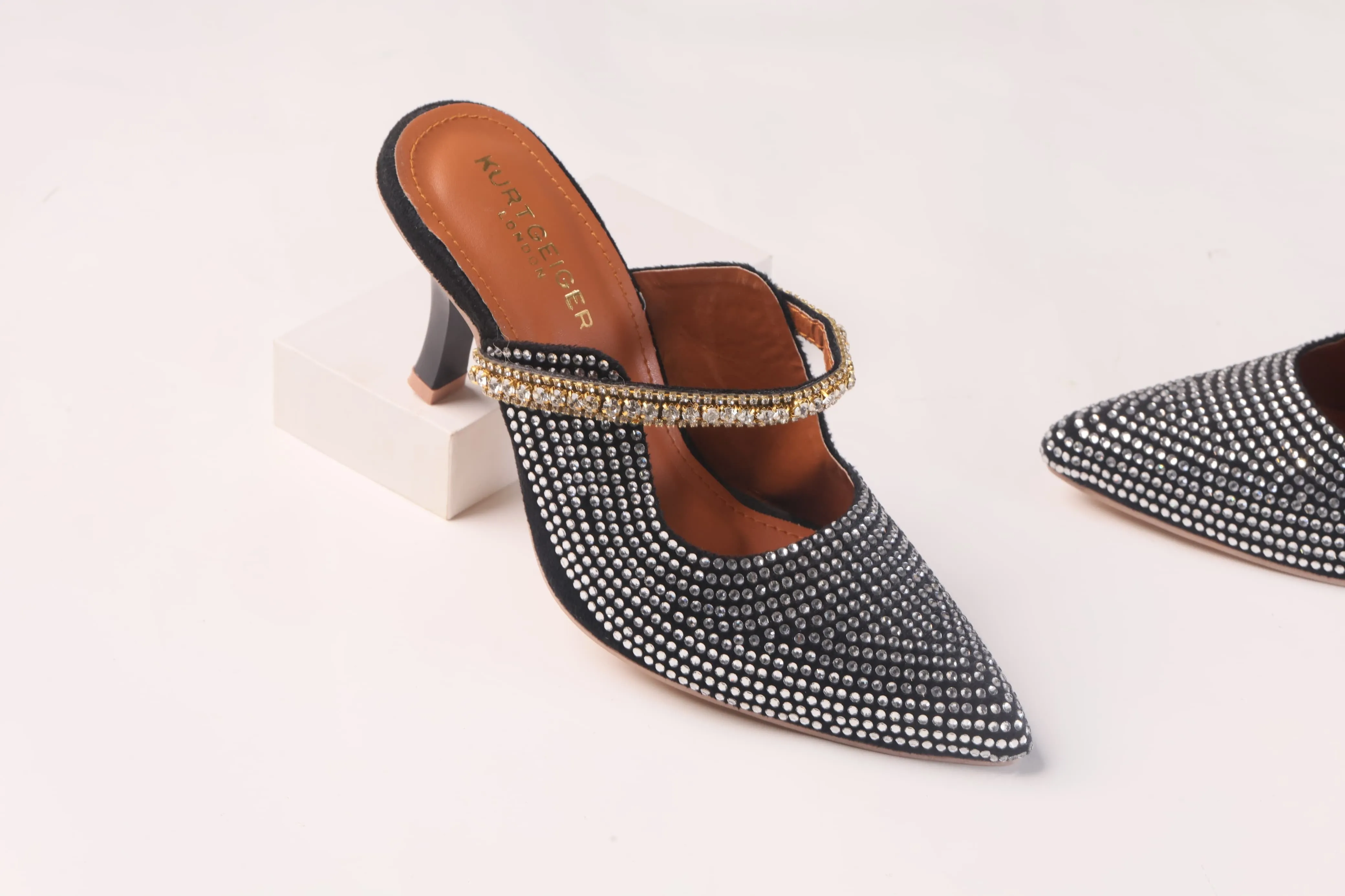 KURT GEIGER LONDON DUKE CRYSTAL EMBELLISHED CANVAS HEELED SANDALS - BLACK