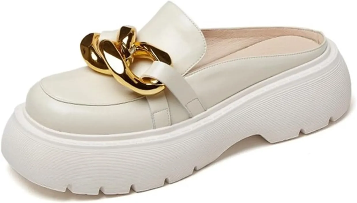 Loafers for Women Metal Chain Genuine Leather Women Chunky Platform Heels Slides Stylish Summer Spring Daily Slippers