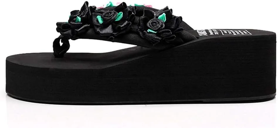 MIOKE Flower Wedge Flipflops For Womens Trendy Boho Summer Platform Nonslip High Heel Beach Thong Sandals