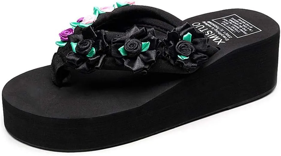 MIOKE Flower Wedge Flipflops For Womens Trendy Boho Summer Platform Nonslip High Heel Beach Thong Sandals