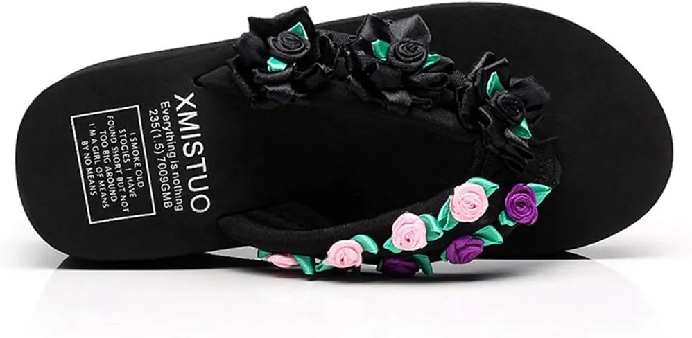 MIOKE Flower Wedge Flipflops For Womens Trendy Boho Summer Platform Nonslip High Heel Beach Thong Sandals