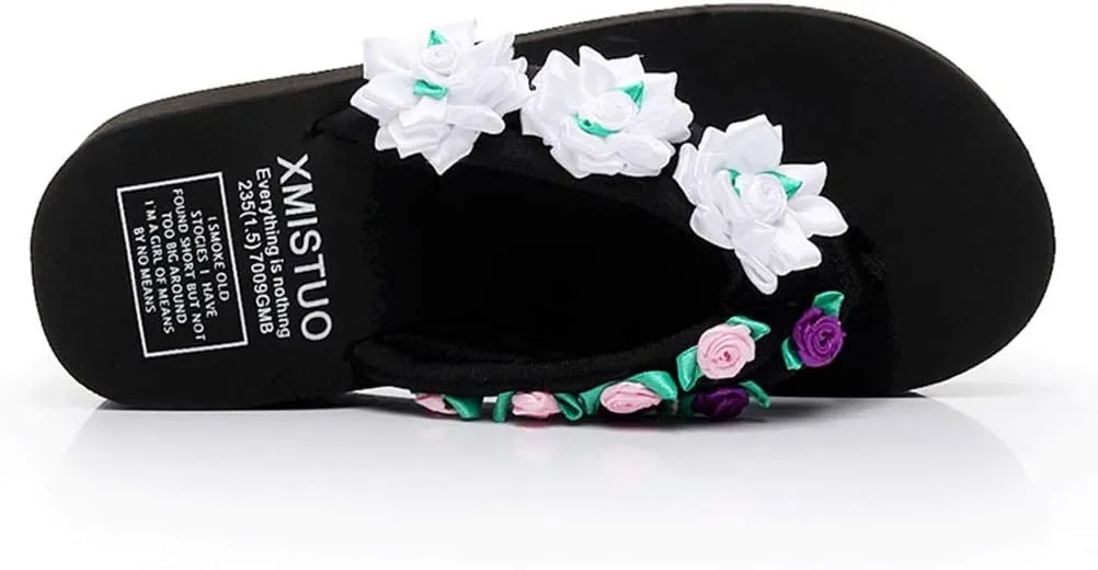 MIOKE Flower Wedge Flipflops For Womens Trendy Boho Summer Platform Nonslip High Heel Beach Thong Sandals