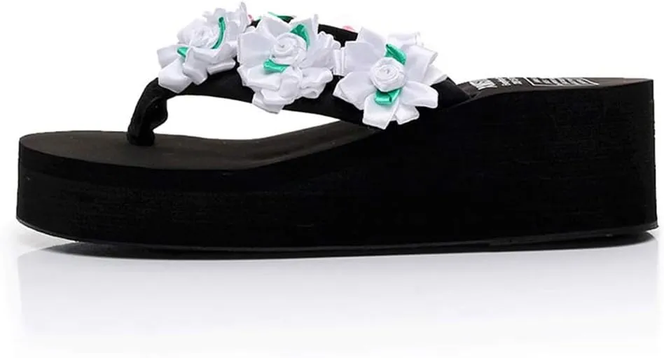 MIOKE Flower Wedge Flipflops For Womens Trendy Boho Summer Platform Nonslip High Heel Beach Thong Sandals