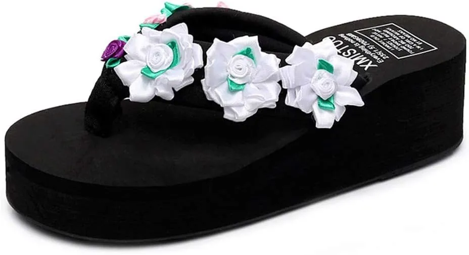 MIOKE Flower Wedge Flipflops For Womens Trendy Boho Summer Platform Nonslip High Heel Beach Thong Sandals