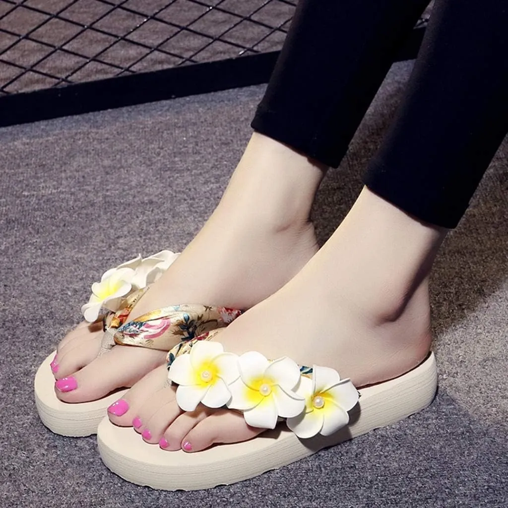 MIOKE Womens Bohemia Flower Flat Platform Flipflops Trendy Summer Comfy Satin Nonslip Beach Thong Sandals