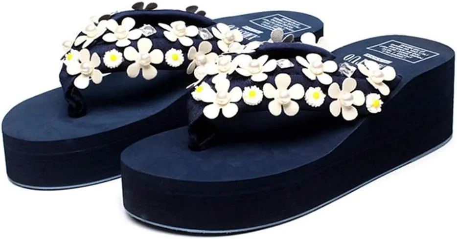 MIOKE Women's Boho Flowers Wedge Flipflops Trendy Summer Platform Anti-Slip High Heel Beach Thong Sandals