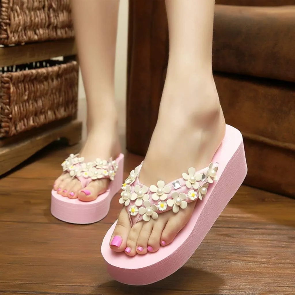 MIOKE Women's Boho Flowers Wedge Flipflops Trendy Summer Platform Anti-Slip High Heel Beach Thong Sandals