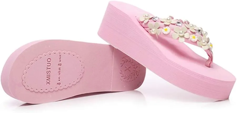 MIOKE Women's Boho Flowers Wedge Flipflops Trendy Summer Platform Anti-Slip High Heel Beach Thong Sandals