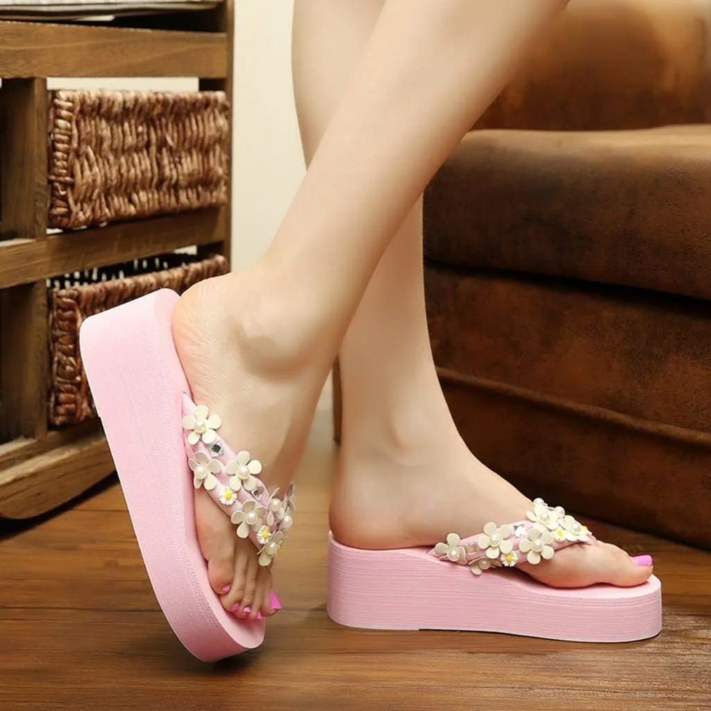MIOKE Women's Boho Flowers Wedge Flipflops Trendy Summer Platform Anti-Slip High Heel Beach Thong Sandals