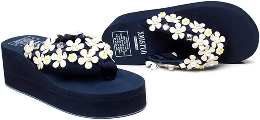 MIOKE Women's Boho Flowers Wedge Flipflops Trendy Summer Platform Anti-Slip High Heel Beach Thong Sandals
