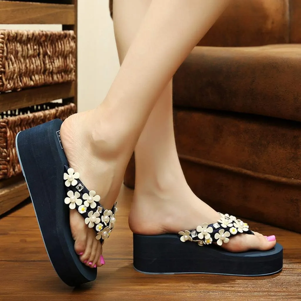 MIOKE Women's Boho Flowers Wedge Flipflops Trendy Summer Platform Anti-Slip High Heel Beach Thong Sandals
