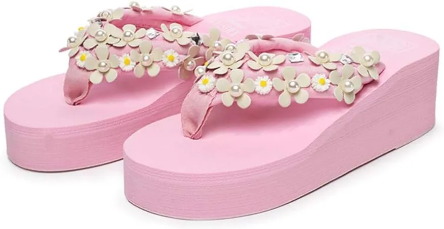 MIOKE Women's Boho Flowers Wedge Flipflops Trendy Summer Platform Anti-Slip High Heel Beach Thong Sandals