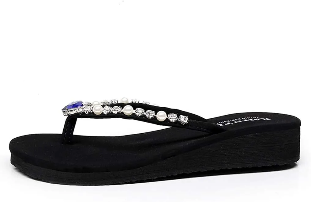 MIOKE Women's Sparkly Rhinestone Flat Flipflops Fashion Summer Beach Comfort Anti-Slip Pool Thong Sandals