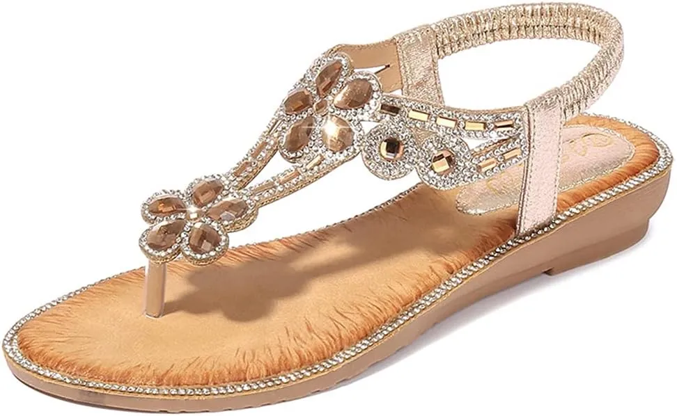 MIOKE Women's Sparkly Rhinestone Flat Sandals Bohemia T-strap Summer Beach Elastic Flip Flops Thong Shoes