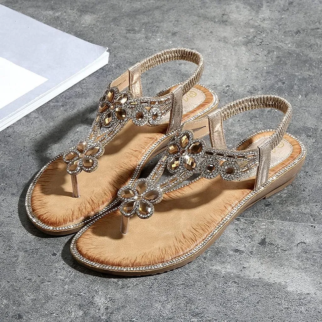 MIOKE Women's Sparkly Rhinestone Flat Sandals Bohemia T-strap Summer Beach Elastic Flip Flops Thong Shoes
