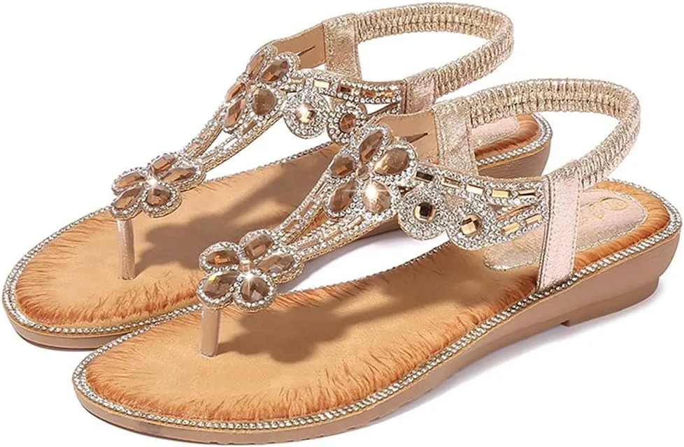 MIOKE Women's Sparkly Rhinestone Flat Sandals Bohemia T-strap Summer Beach Elastic Flip Flops Thong Shoes