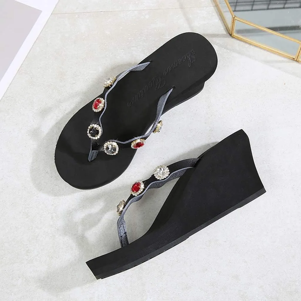 MIOKE Womens Sparkly Rhinestone Wedge Flipflop Sandals Summer Platform Comfy High Heel Beach Thong Sandal