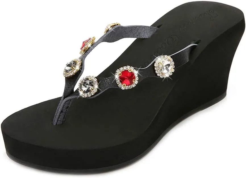 MIOKE Womens Sparkly Rhinestone Wedge Flipflop Sandals Summer Platform Comfy High Heel Beach Thong Sandal