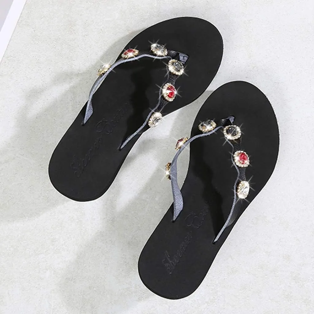 MIOKE Womens Sparkly Rhinestone Wedge Flipflop Sandals Summer Platform Comfy High Heel Beach Thong Sandal