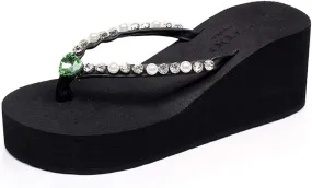 MIOKE Women's Wedge High Heel Flipflops Sandals Rhinestone Platform Nonslip Summer Beach Thong Sandal