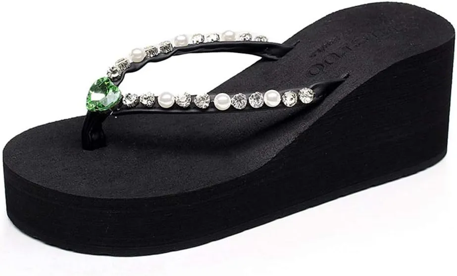 MIOKE Women's Wedge High Heel Flipflops Sandals Rhinestone Platform Nonslip Summer Beach Thong Sandal