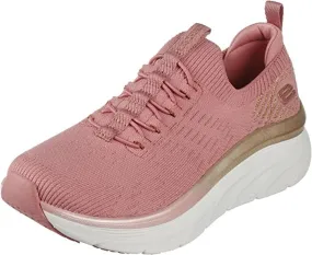 Skechers D'Lux Walker Let It Glow Rose Knit/Gold Trim Pull On Low Top Sneakers