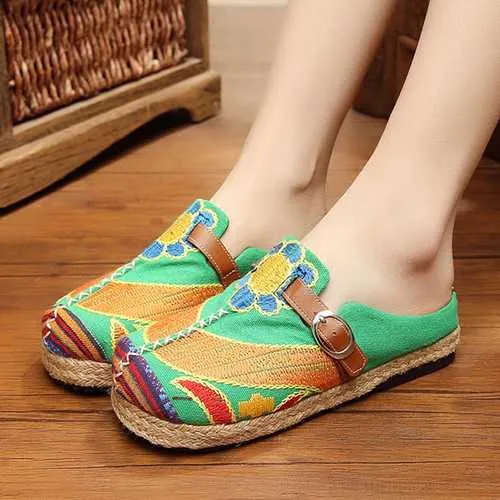 SOCOFY Soft Colorful Embroidered Buckle Folkways Backless Flat Shoes