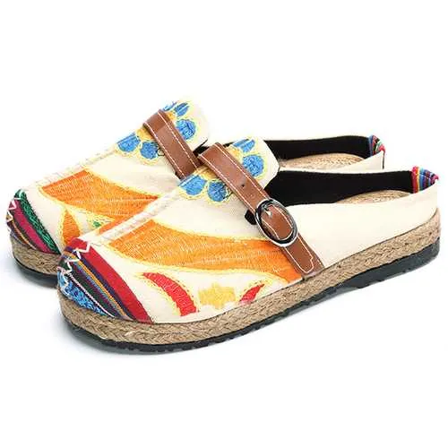 SOCOFY Soft Colorful Embroidered Buckle Folkways Backless Flat Shoes