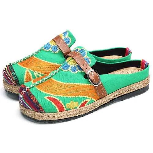 SOCOFY Soft Colorful Embroidered Buckle Folkways Backless Flat Shoes