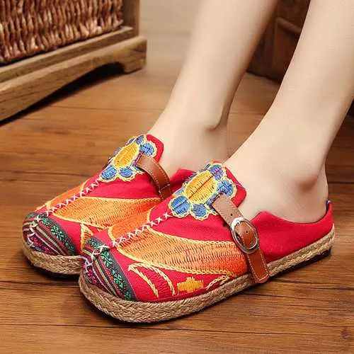 SOCOFY Soft Colorful Embroidered Buckle Folkways Backless Flat Shoes