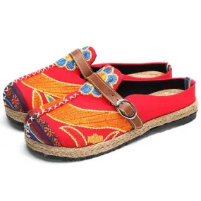 SOCOFY Soft Colorful Embroidered Buckle Folkways Backless Flat Shoes