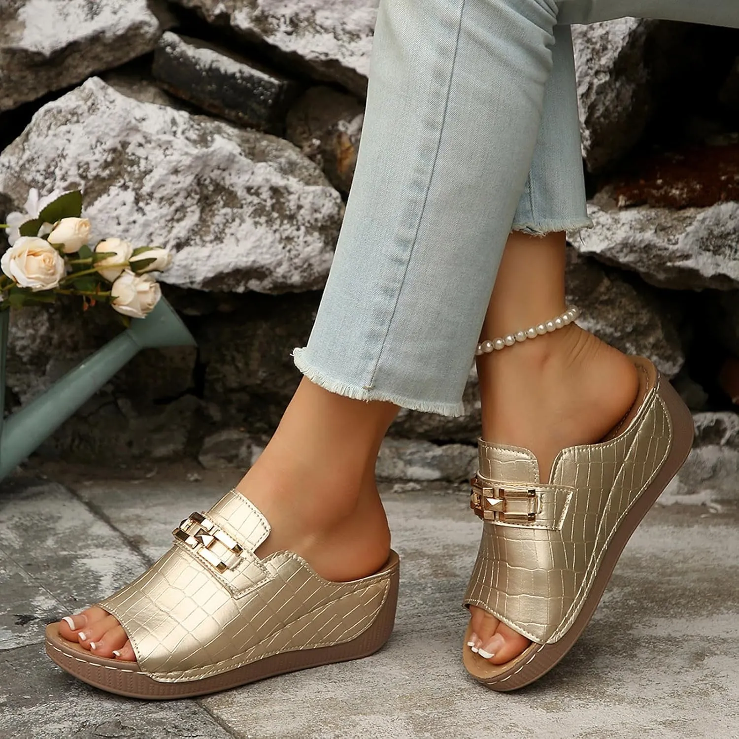 Summer Solid Slip On Casual Open Toe Wedges Comfortable Beach Shoes Sandals Slippers Flip Flops Women