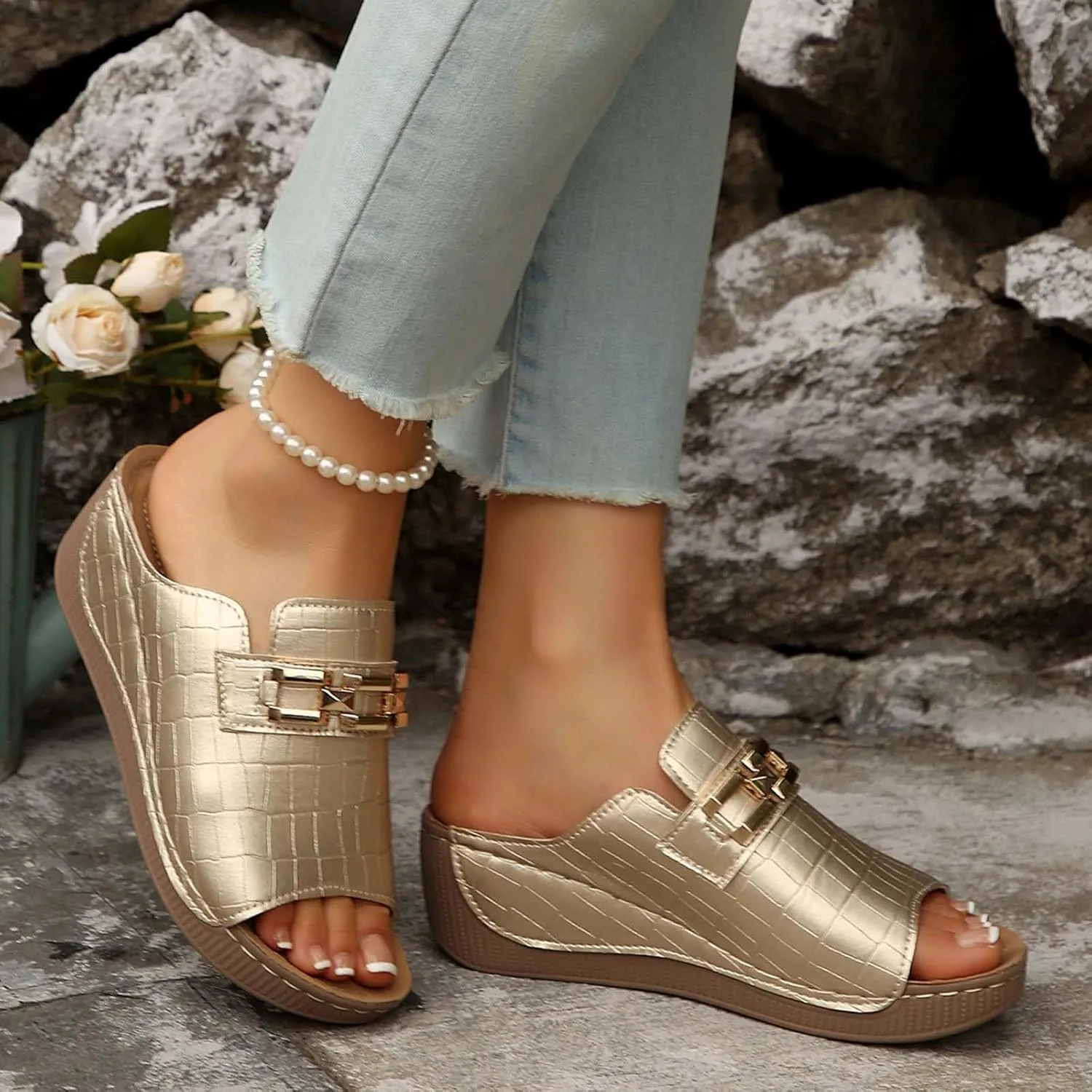 Summer Solid Slip On Casual Open Toe Wedges Comfortable Beach Shoes Sandals Slippers Flip Flops Women