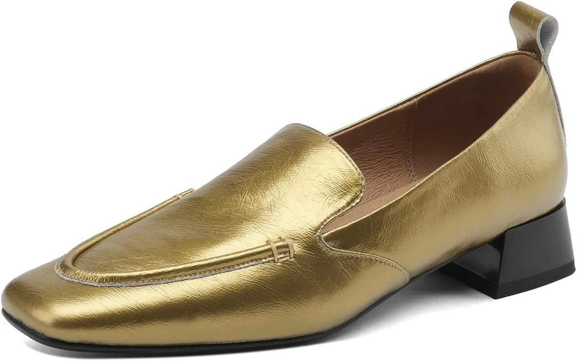 TinaCus Square Toe Genuine Leather Low Chunky Heels Handmade Women's Stylish Loafers Shoes