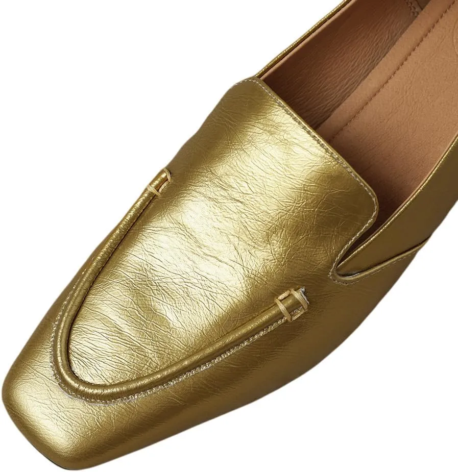 TinaCus Square Toe Genuine Leather Low Chunky Heels Handmade Women's Stylish Loafers Shoes