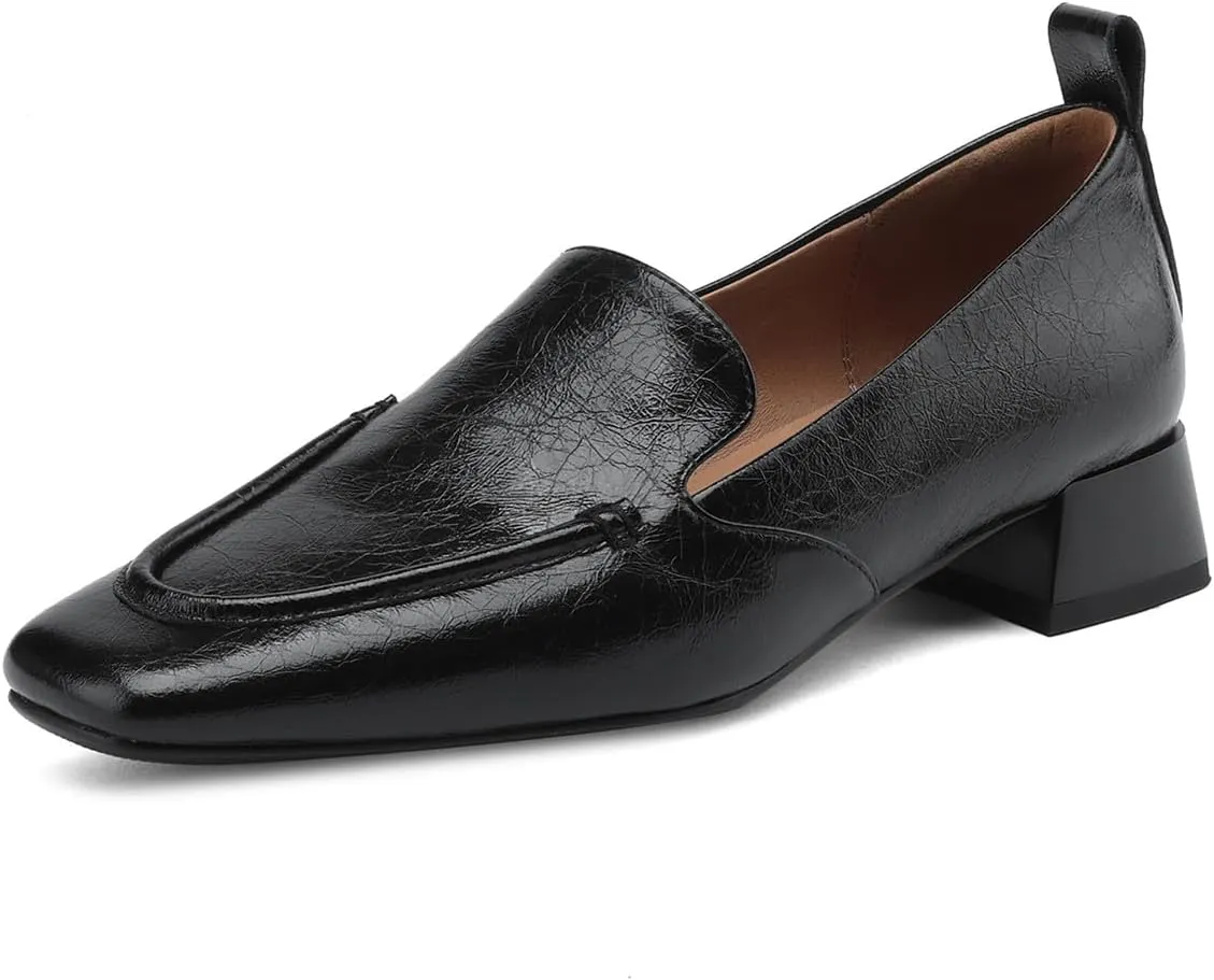 TinaCus Square Toe Genuine Leather Low Chunky Heels Handmade Women's Stylish Loafers Shoes