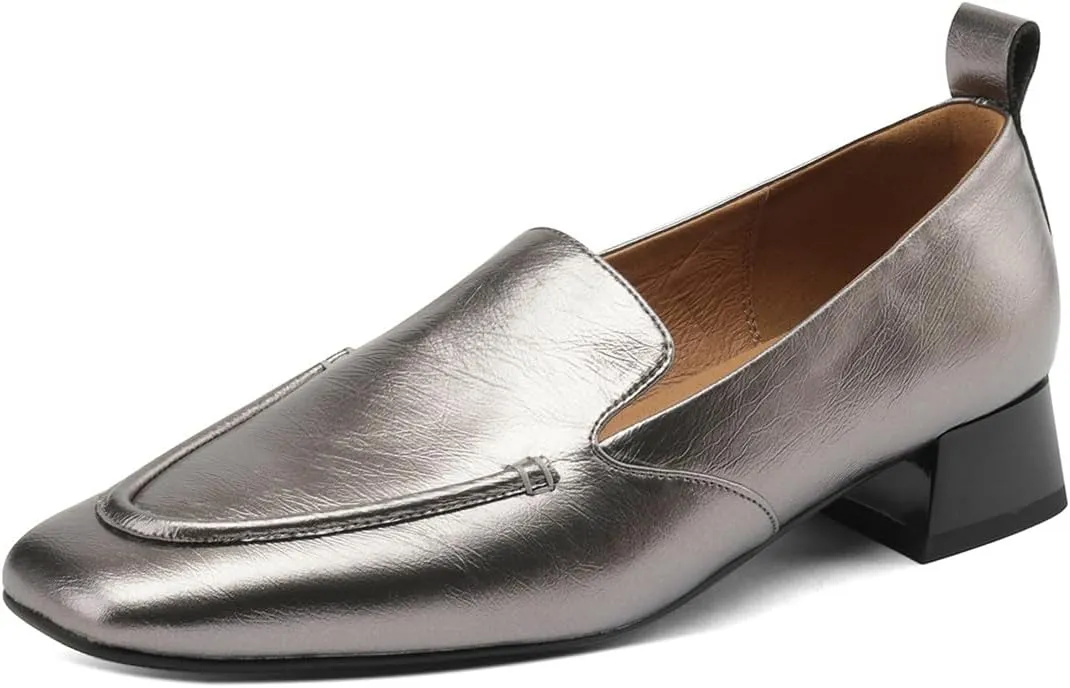 TinaCus Square Toe Genuine Leather Low Chunky Heels Handmade Women's Stylish Loafers Shoes