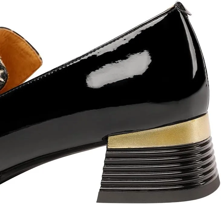 TinaCus Women's Handmade Square Toe Low Chunky Heels Stylish Patent Leather Loafers Shoes with Bowknot
