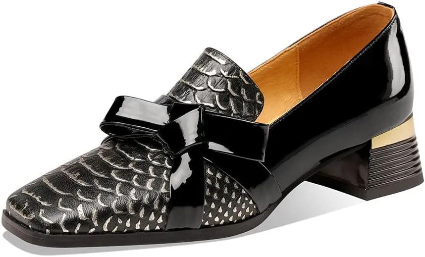 TinaCus Women's Handmade Square Toe Low Chunky Heels Stylish Patent Leather Loafers Shoes with Bowknot