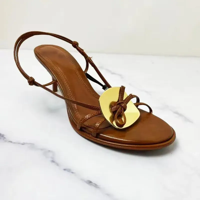 TRAF Woman’s Chic Metal Disc Heels Sandals Brown Round Toe Peep Toe Slingbacks Sandals Elegant Female Strap Buckle Heels Shoes