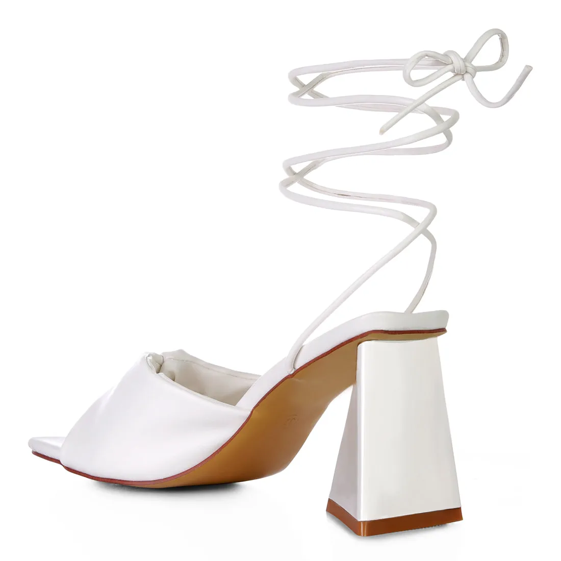 White Ruched Strap Triangular Heel Lace Up Sandal