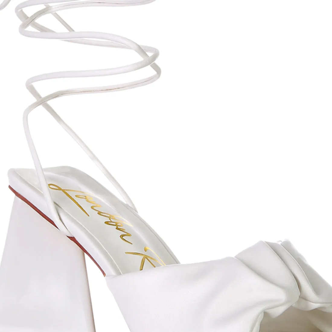 White Ruched Strap Triangular Heel Lace Up Sandal