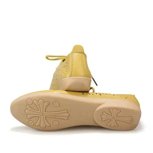 Women Hollow Out Casual Shoes Leather Soft Comfortable Lace Up Flat Loafers