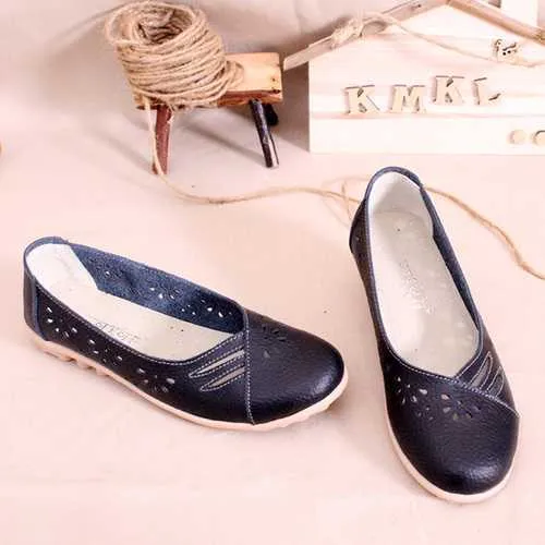 Women Summer Outdoor Comfortable Soft Casual Leather Hollow Out Flat Loafers Shoes